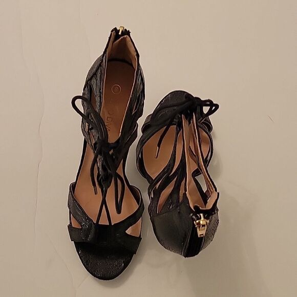 WILD DIVA LOUNGS GIVE ME  FEVER BLACK SNAKESKIN LACE-UP HEELS SANDAL - Picture 5 of 13